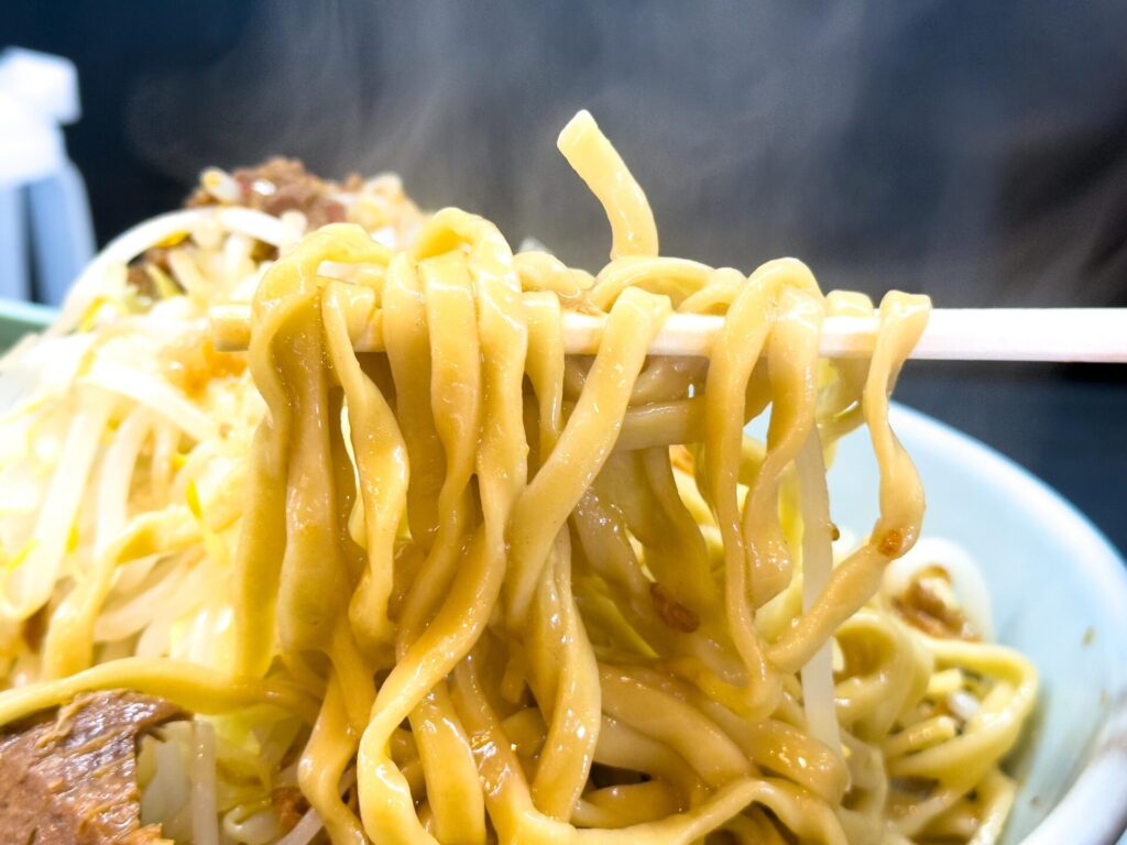 極太の平打ち麺を箸で持ち上げた汁なし豚そばの麺リフト
