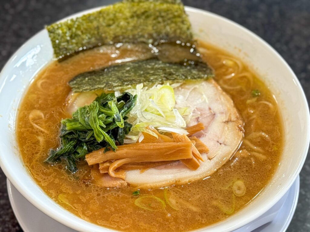 とんこつ醤油ラーメン全体：濃厚なスープに青菜や海苔が映える一杯
