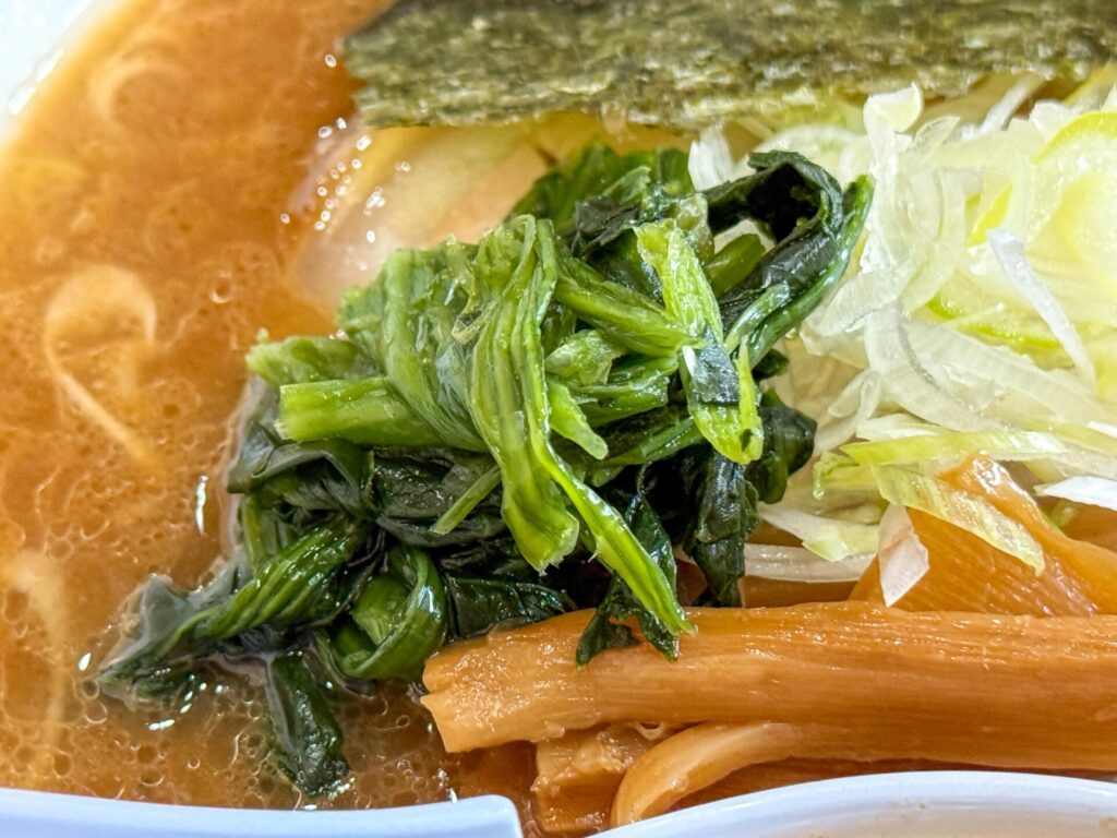 青菜とメンマのアップ：シャキシャキとした青菜とコリコリのメンマ