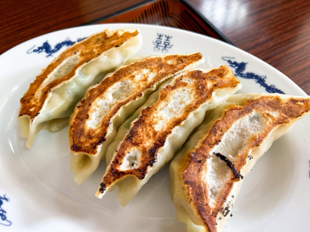 手づくり餃子が5個並んだ焼き立ての一皿