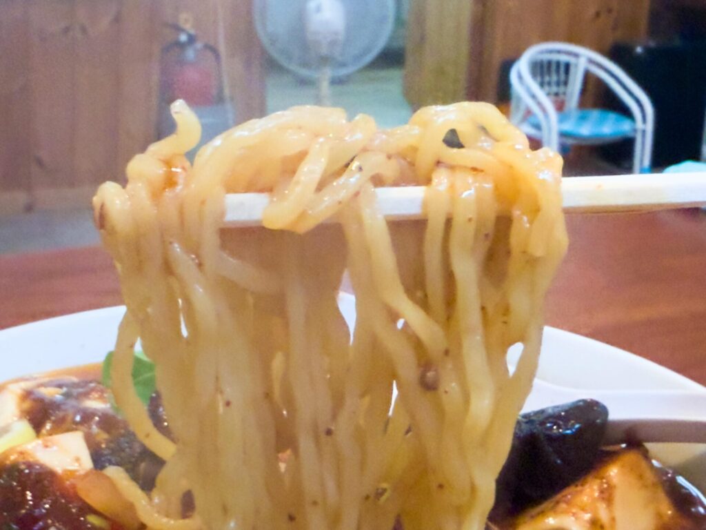 【麺リフト】もっちり太麺が麻婆餡にしっかり絡む様子。