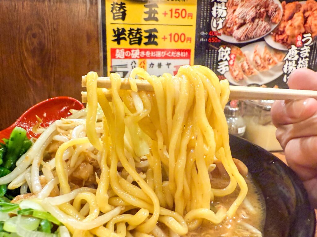 中太の自家製麺を箸で持ち上げた様子。濃厚スープと絡んでツヤのある麺が食欲をそそる。