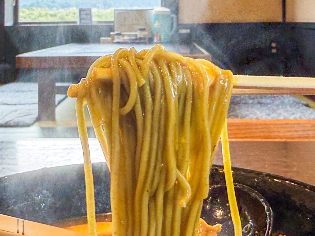 カレーのスープがよく絡む細麺をリフトアップ｜南魚沼の風景とともに